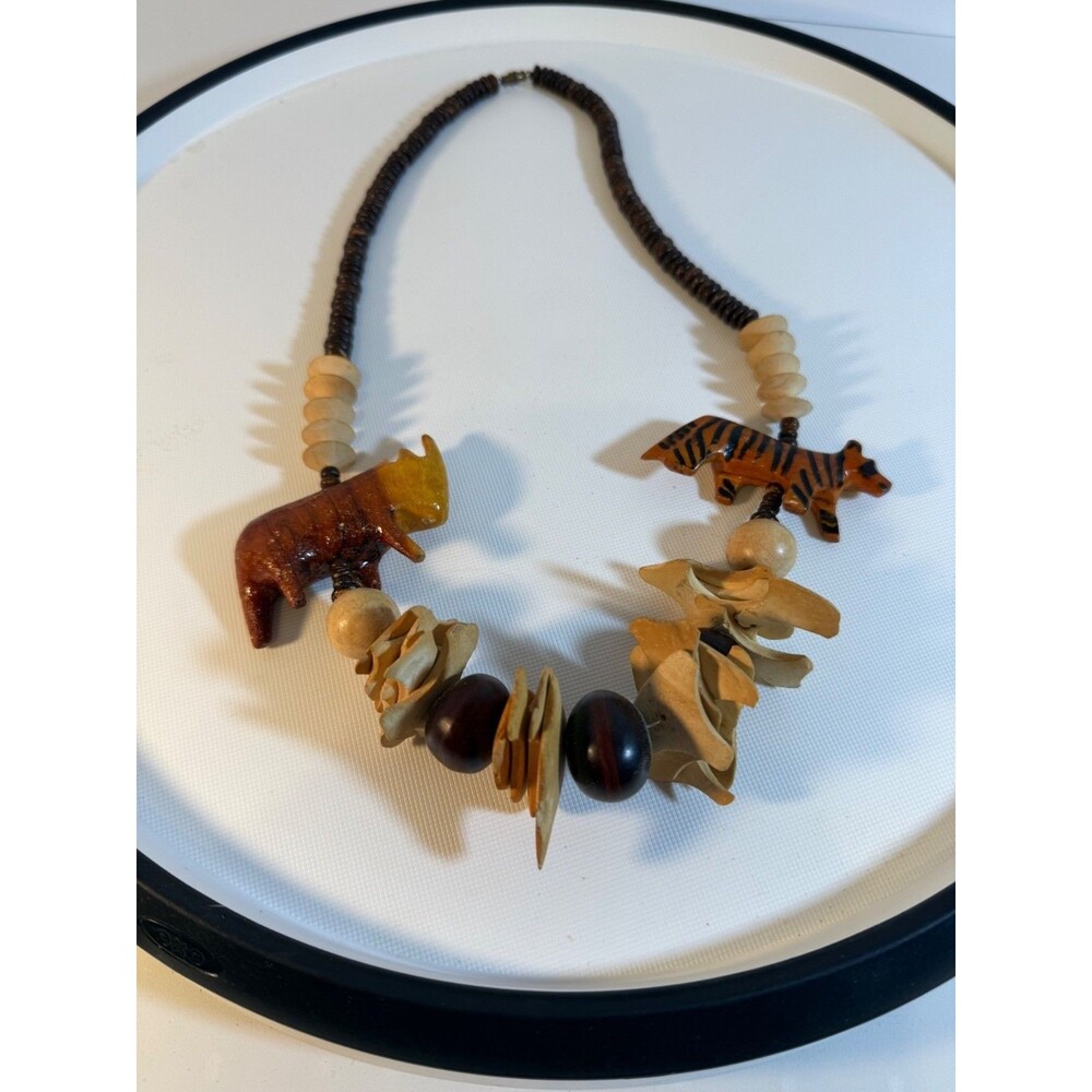 Authentic Tribal Animal safari Themed Wooden Bead Necklace With Rhino & Tiger Pe